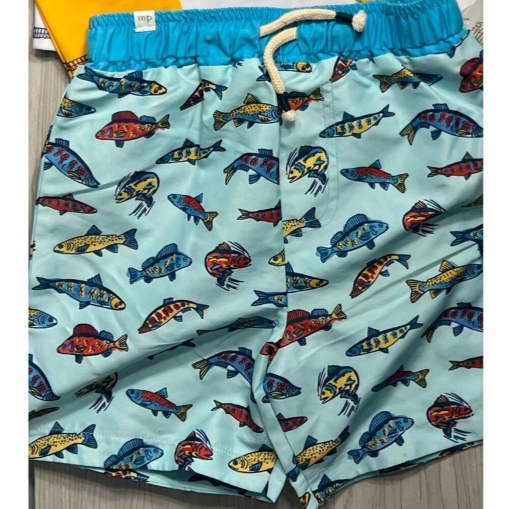 Mud Pie 6-9m NWT blue green fish fishing swim trunks bathing suit NWT summer